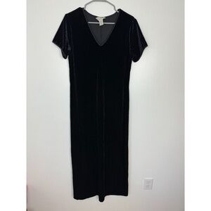 Vintage Express Tricot Womens Size 13/14 Velour Dress V Neck Black Short Sleeve